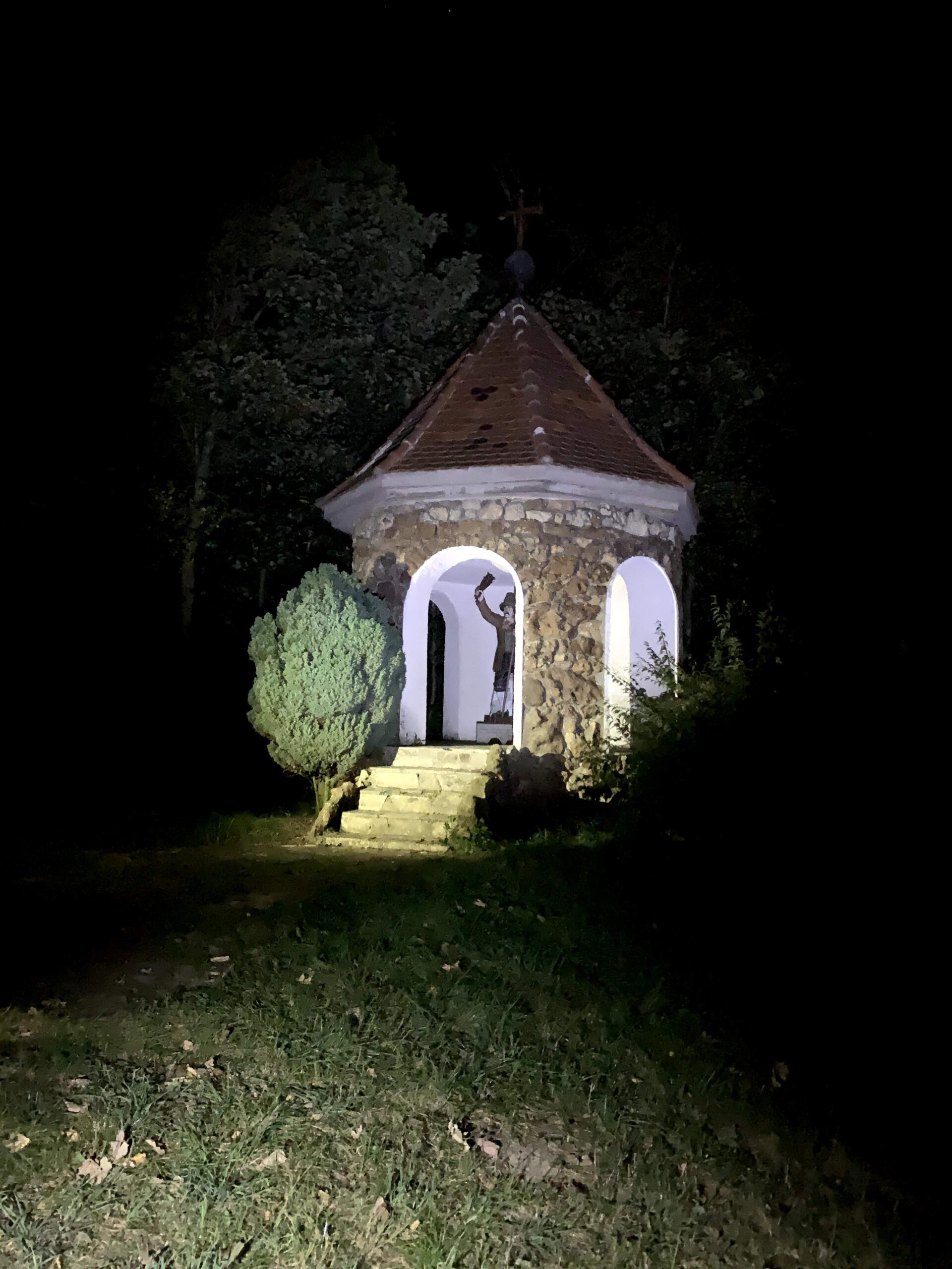 Ein rundes und überdachtes Denkmal mitten im Wald bei Nacht.